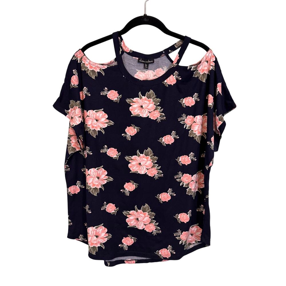 Allison Andrews Blouse Top XL Floral Cold Shoulder Short Sleeves Pullover Blue